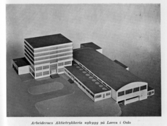 Modell av den nye trykkeribygningen fra 1956.